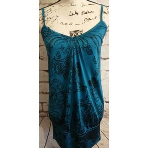 Vintage Teal Peacock Spaghetti Strap Cami Stretch MINI DRESS Size Medium USA